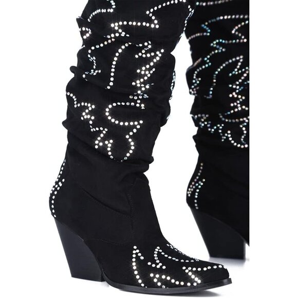 Women Stone Black Fabric Thigh High Over The Knee Pointed Toe Chunky Heel Boot - Picture 3 of 4